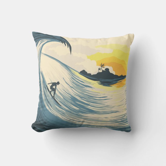 Tropical island wave and surfer at sunset throw pillow (Front)