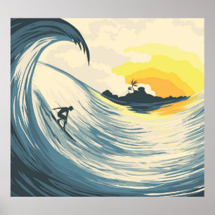 Tropical island, wave, surfer sunset. poster