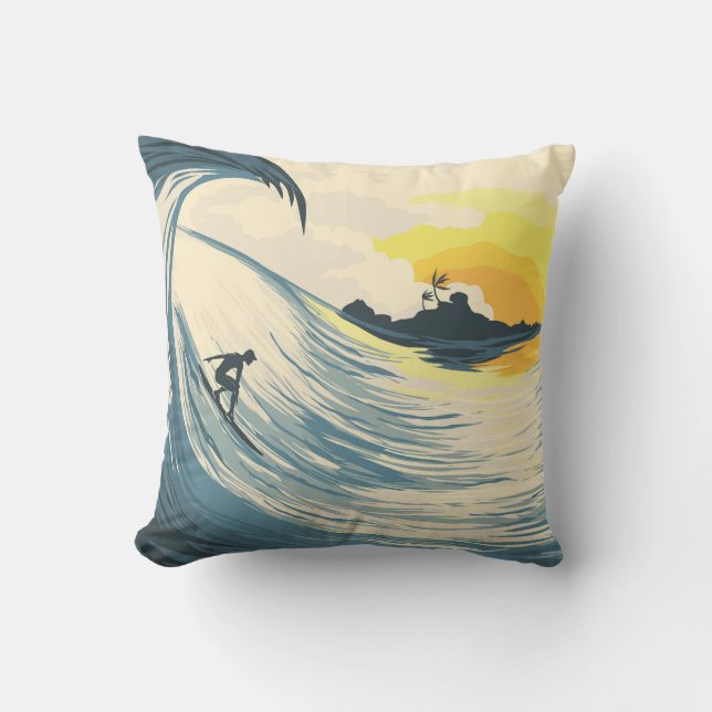 Tropical island, wave, surfer sunset. throw pillow (Front)