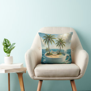 Tropical Island With Hammock in a Teacup Throw Pillow