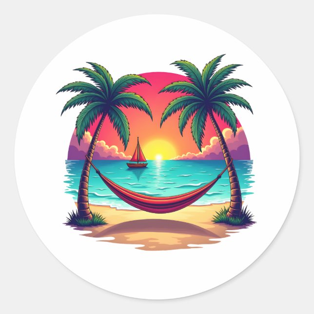 Tropical Island with sunset Travel Illustration Classic Round Sticker (Front)