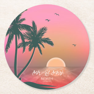Tropical Isle Sunrise Mr & Mrs Pink ID581 Round Paper Coaster