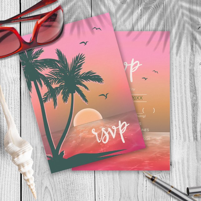 Tropical Isle Sunrise Wedding Pink ID581 RSVP Card (Creator Uploaded)