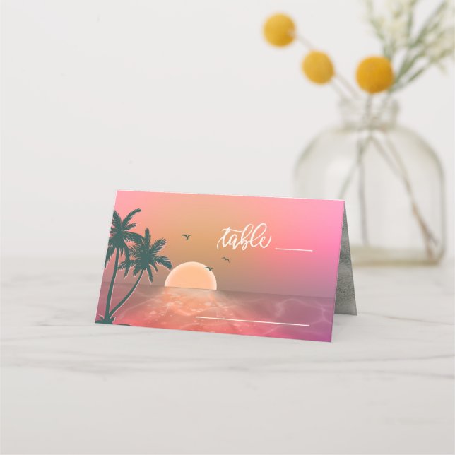 Tropical Isle Sunrise Wedding Table Pink ID581 Place Card (Front)