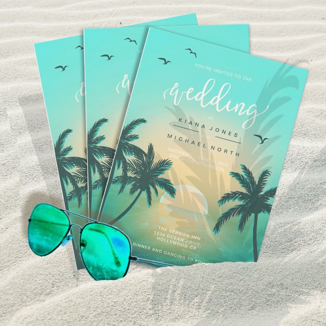 Tropical Isle Sunrise Wedding Teal L2 ID581 Invitation (Creator Uploaded)