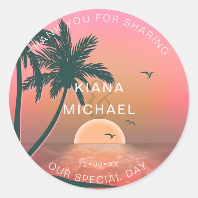 Tropical Isle Sunrise Wedding Thanks Pink ID581 Classic Round Sticker (Front)
