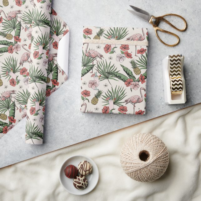Tropical Ivory Flamingo Floral Pattern Wrapping Paper (Crafts)