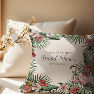 Tropical Ivory Floral Pink Flamingo Bridal Shower Outdoor Pillow