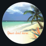 Tropical Jamaican Hawaiian Wedding Classic Round Sticker<br><div class="desc">These tropical wedding stickers are super easy to customize with your own text and font preferences. Matching save the date announcements, invitations, postcards, RSVP cards and magnet favours are available for this design. If you need help, have questions or would like other coordinated products to match these stickers, please contact...</div>