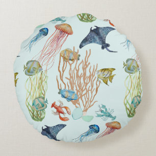 Tropical Jellyfish Coral And Fish Round Pillow