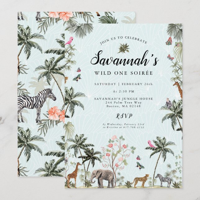 Tropical Jungle Animals | Girl Wild One Birthday Invitation (Front/Back)