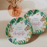 Tropical Jungle Animals Kids Birthday Party Paper Plate<br><div class="desc">Set the scene for your child's summery tropical jungle themed birthday party with these colourful personalized paper plates. Island chic design features monstera leaves and green watercolor foliage with monkeys, a sloth, a hummingbird and a parrot. Colourful tropical floral accents complete the design. Personalize with your child's name in vibrant...</div>