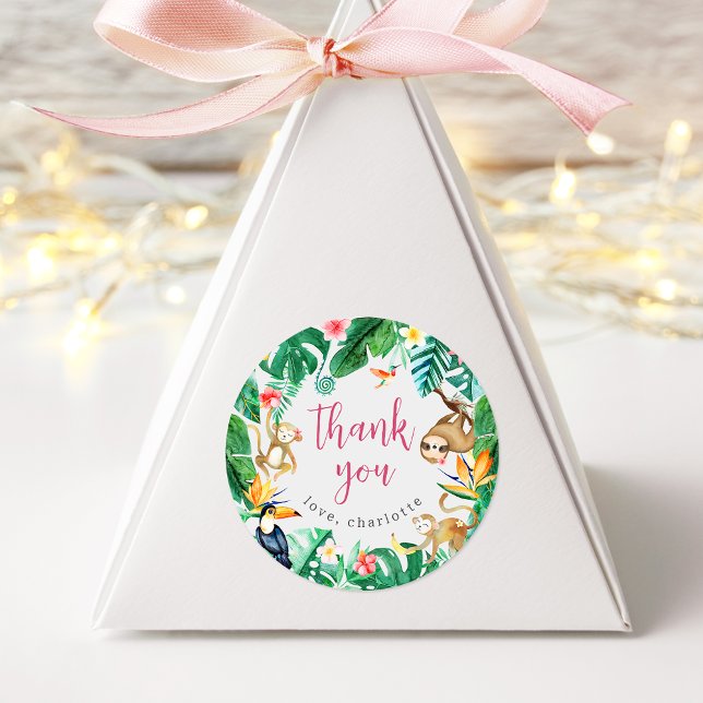 Tropical Jungle Animals Kids Birthday Thank You Classic Round Sticker (Creator Uploaded)