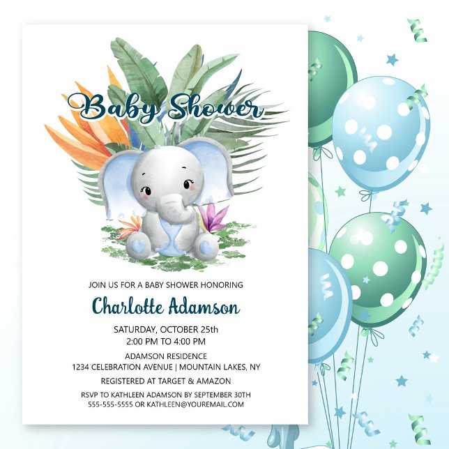 Tropical Jungle Baby Blue Elephant Baby Shower Invitation (Creator Uploaded)
