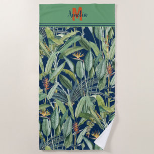 Tropical Jungle Banana Tree Strelitzia Monogram Beach Towel