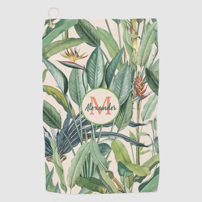 Tropical Jungle Banana Tree Strelitzia Monogram  Golf Towel (Front)