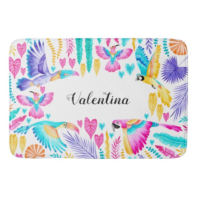 Tropical Jungle Exotic Birds Watercolor Bath Mat (Front)
