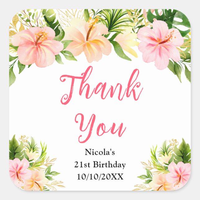 Tropical Jungle Floral Birthday Thank You Square Sticker (Front)