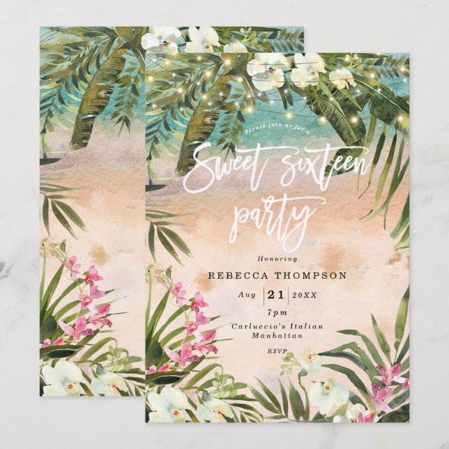 tropical jungle floral lights modern sweet 16 invitation (Front/Back)