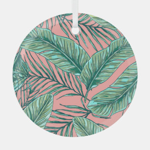 Tropical Jungle Floral: Palm Leaves Pattern Glass Ornament