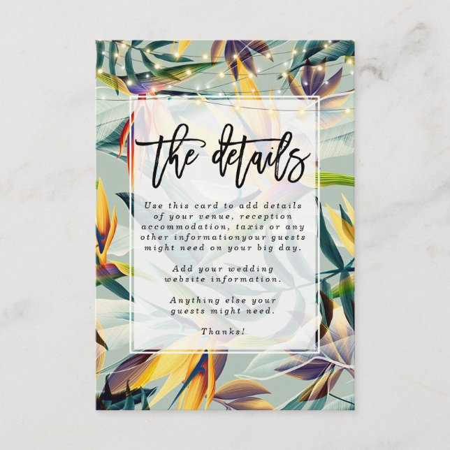 tropical jungle floral wedding details information enclosure card (Front)