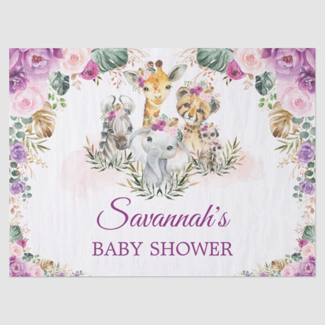 Tropical Jungle Floral Wild Animals Baby Shower Tissue Paper (Front)