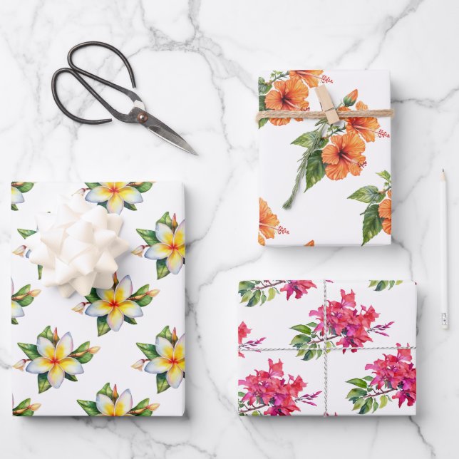 Tropical jungle flowers hibiscus frangipani  wrapping paper sheet (Front)