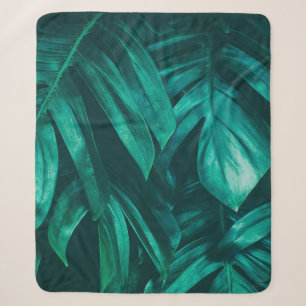 tropical jungle foliage, dark green leaf nature b sherpa blanket