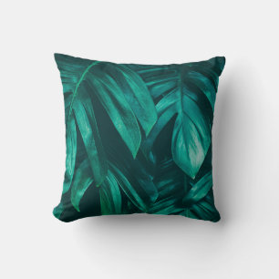 tropical jungle foliage, dark green leaf nature b throw pillow