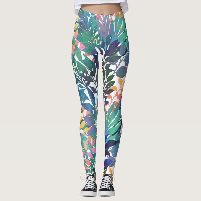 Tropical Jungle Foliage Watercolor Greenery Leggings (Front)