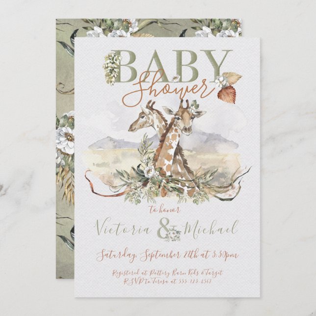 Tropical Jungle Giraffe Baby Shower invitations (Front/Back)