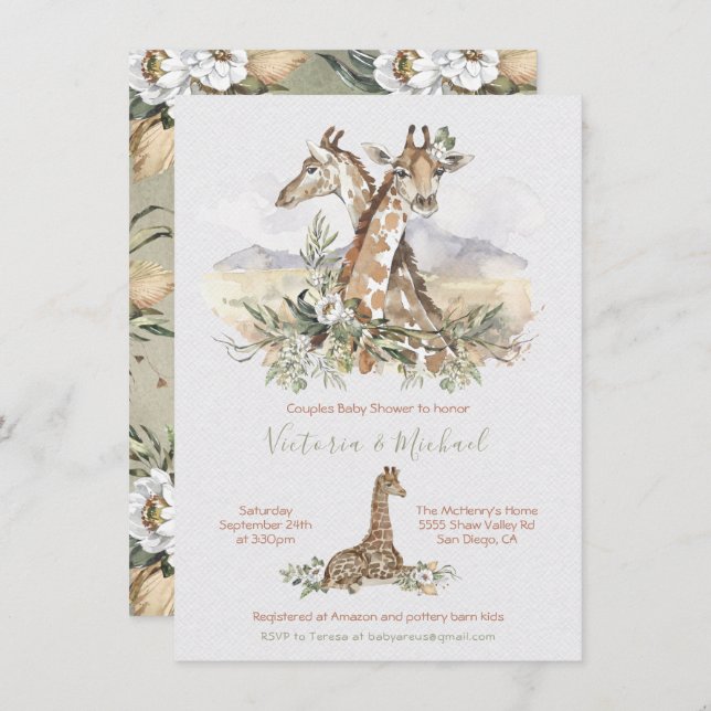 Tropical Jungle Giraffe Bébé invitations douche (Devant / Derrière)