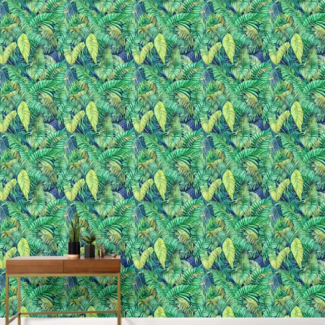Tropical jungle island foliage greenery pattern wallpaper (Hallway)