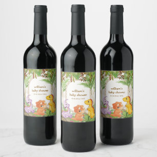 Tropical Jungle Jurassic Dinosaur Baby Shower Wine Label