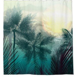 Tropical jungle landscape with palm trees and leaf