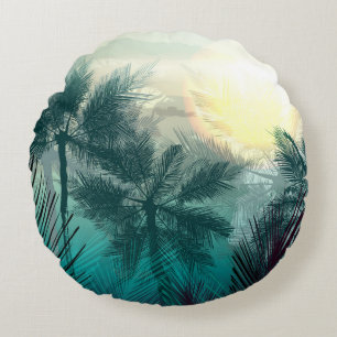 Tropical jungle landscape with palm trees and leaf round pillow