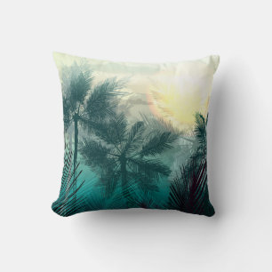 Tropical jungle landscape with palm trees and leaf throw pillow