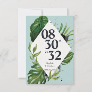 Tropical jungle leafage modern blue save the date