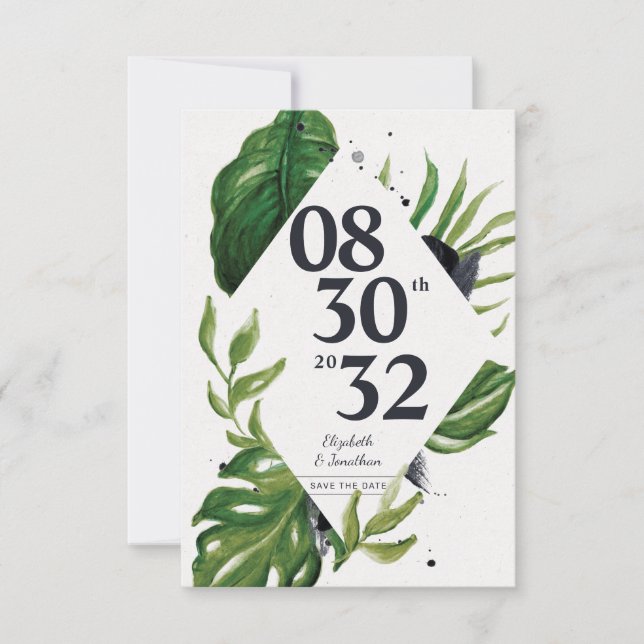 Tropical jungle leafage modern save the date (Front)