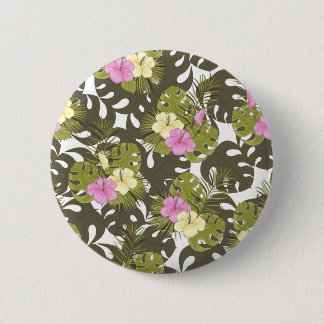 Tropical Jungle Leaves and Hibiscus Pattern 2 Inch Round Button