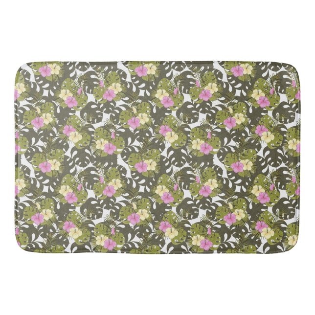 Tropical Jungle Leaves and Hibiscus Pattern Bath Mat (Front)