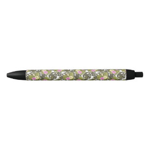Tropical Jungle Leaves and Hibiscus Pattern Black Ink Pen