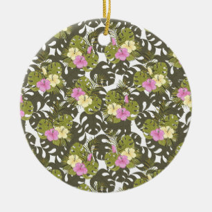 Tropical Jungle Leaves and Hibiscus Pattern Ceramic Ornament
