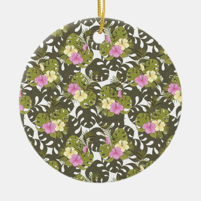 Tropical Jungle Leaves and Hibiscus Pattern Ceramic Ornament (Front)