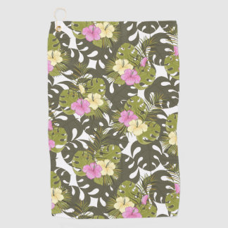 Tropical Jungle Leaves and Hibiscus Pattern Golf Towel