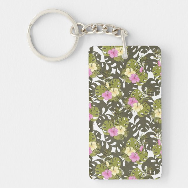 Tropical Jungle Leaves and Hibiscus Pattern Keychain (Front)