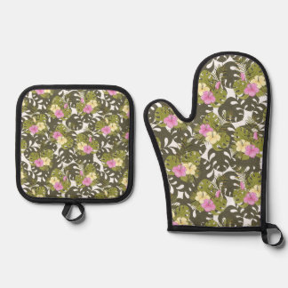 Tropical Jungle Leaves and Hibiscus Pattern Oven Mitt & Pot Holder Set