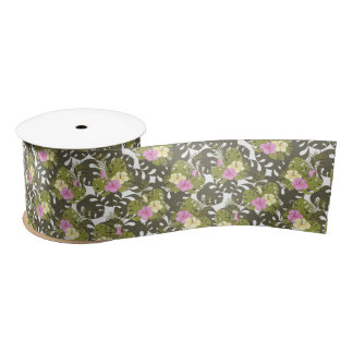 Tropical Jungle Leaves and Hibiscus Pattern Satin Ribbon