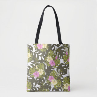 Tropical Jungle Leaves and Hibiscus Pattern Tote Bag
