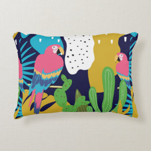 Tropical jungle leaves background with parrots. Su Accent Pillow